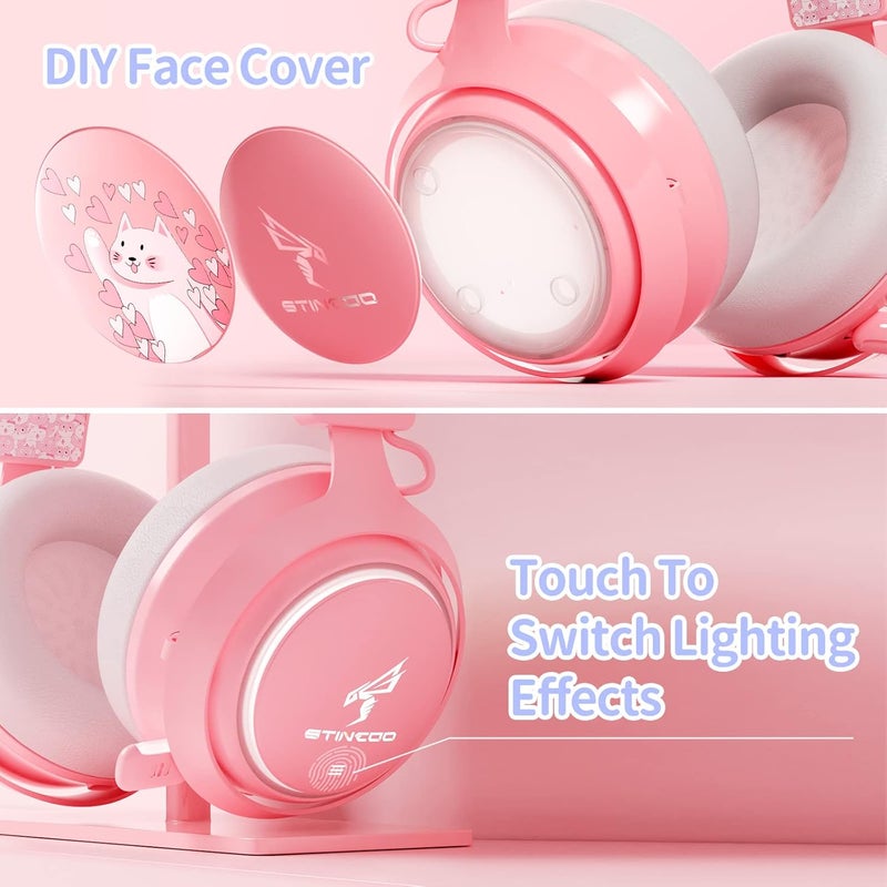 EASARS Pink Gaming Headset GS510, Wired, Over Ear, Cat Ear Design with RGB Lighting, 7.1 Surround Sound, Retractable Mic, Compatible with PC, PS4, PS5 - Image 3
